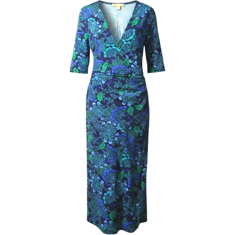 Michael Kors Floral Paisley Ruched Sheath Dress Blue Green V-Neck XS EUC